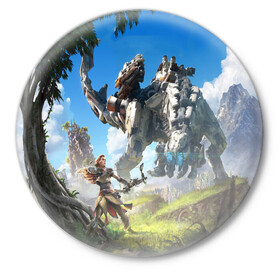 Значок с принтом HORIZON ZERO DAWN в Ухте,  металл | круглая форма, металлическая застежка в виде булавки | aloy | antasy girl | art | artwork | digital art | fantasy | horizon | horizon: zero dawn | landscape | tallneck | warrior fantasy | weapon | zero dawn