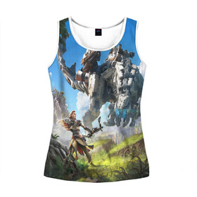 Женская майка 3D с принтом HORIZON ZERO DAWN в Ухте, 100% полиэстер | круглая горловина, прямой силуэт, длина до линии бедра | aloy | antasy girl | art | artwork | digital art | fantasy | horizon | horizon: zero dawn | landscape | tallneck | warrior fantasy | weapon | zero dawn