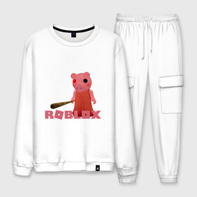 Мужской костюм хлопок с принтом ROBLOX PIGGI в Ухте, 100% хлопок | на свитшоте круглая горловина, мягкая резинка по низу. Брюки заужены к низу, на них два вида карманов: два “обычных” по бокам и два объемных, с клапанами, расположенные ниже линии бедра. Брюки с мягкой трикотажной резинкой на поясе и по низу штанин. В поясе для дополнительного комфорта — широкие завязки | game | gamer | logo | minecraft | piggi | roblox | simulator | игра | конструктор | лого | пигги | свинья | симулятор | строительство | фигура