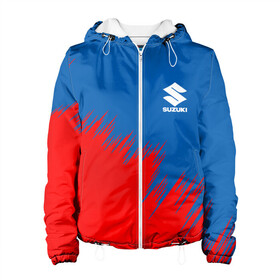 Женская куртка 3D с принтом SUZUKI. в Ухте, ткань верха — 100% полиэстер, подклад — флис | прямой крой, подол и капюшон оформлены резинкой с фиксаторами, два кармана без застежек по бокам, один большой потайной карман на груди. Карман на груди застегивается на липучку | abstract | auto | brand | car | geometry | sport | suzuki | texture | абстракция | авто | автомобильные | бренд | геометрия | классика | машины | модные | спорт | стиль | сузуки | текстура