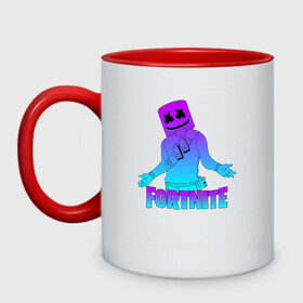 Кружка двухцветная с принтом FORTNITE x MARSHMELLO  в Ухте, керамика | объем — 330 мл, диаметр — 80 мм. Цветная ручка и кайма сверху, в некоторых цветах — вся внутренняя часть | Тематика изображения на принте: deadmau5 | fortnite | fortnite 2 | fortnite x маршмелло | ikonik | marshmello | ninja | ninja streamer | raven | travis scott | ворон | иконик | ниндзя | пили | рейвен | трэвис скотт | фортнайт