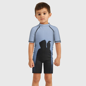 Детский купальный костюм 3D с принтом Силуэт ворон капюшон ночь в Ухте, Полиэстер 85%, Спандекс 15% | застежка на молнии на спине | вечер | ворон | дьявол | капюшон | монстр | мрачно | ночь | птица | путник | силуэт | символ | сумерки | хэллоуин