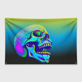 Флаг-баннер с принтом Neon skull в Ухте, 100% полиэстер | размер 67 х 109 см, плотность ткани — 95 г/м2; по краям флага есть четыре люверса для крепления | color | grin | jaw | orbits | skull | teeth | зубы | оскал | пасть | цвет | череп
