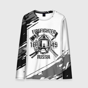 Мужской лонгслив 3D с принтом FIREFIGHTER 1649 RUSSIA в Ухте, 100% полиэстер | длинные рукава, круглый вырез горловины, полуприлегающий силуэт | Тематика изображения на принте: 112 | 27 декабря | firefighter | багор | белая | герб | гкчс | знак | лого | логотип | маска | мчс | мчсник | пожарная охрана | пожарник | пожарный | пч | россии | рф | серая | символ | служба | состаренная