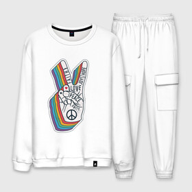 Мужской костюм хлопок PEACE LOVE HOPE (Z): в Ухте, 100% хлопок | на свитшоте круглая горловина, мягкая резинка по низу. Брюки заужены к низу, на них два вида карманов: два “обычных” по бокам и два объемных, с клапанами, расположенные ниже линии бедра. Брюки с мягкой трикотажной резинкой на поясе и по низу штанин. В поясе для дополнительного комфорта — широкие завязки | hope | love | peace | два пальца | жесть | знак | любить | любовь | мир | радуга | хипи | хиппи