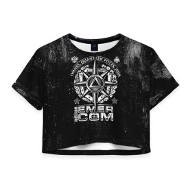 Женская футболка Crop-top 3D с принтом RUSSIAN EMERCOM в Ухте, 100% полиэстер | круглая горловина, длина футболки до линии талии, рукава с отворотами | 112 | 27 декабря | firefighter | герб | гкчс | знак | лого | логотип | мчс | мчсник | пожарная охрана | пожарник | пожарный | потертая | пч | россии | рф | символ | служба | состаренная | спасатель | спасения | флаг