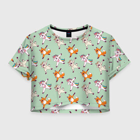 Женская футболка Crop-top 3D с принтом Dabbing Animals в Ухте, 100% полиэстер | круглая горловина, длина футболки до линии талии, рукава с отворотами | dab | fox | goat | unicorn | даб | даббинг | детская | для девочек | для девушек | для детей | для мальчиков | дэббинг | единорог | единороги | звери | зверюшки | зверята | козел | лис | лиса | лисенок | лисичка | л