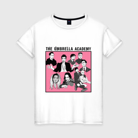 Женская футболка хлопок с принтом Академия Амбрелла | The Umbrella Academy (Z) в Ухте, 100% хлопок | прямой крой, круглый вырез горловины, длина до линии бедер, слегка спущенное плечо | dark horse comics | the umbrella academy | академия амбрелла | белая скрипка | бен харгривз | комикс | комильфо | космобой | кракен | реджинальд харгривз | сеанс | слух