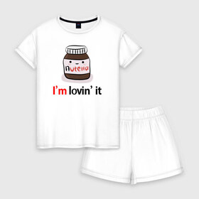 Женская пижама с шортиками хлопок с принтом Nutella в Ухте, 100% хлопок | футболка прямого кроя, шорты свободные с широкой мягкой резинкой | Тематика изображения на принте: nutella | вкусно | вкусняшка | любовь | нутелла | нутэлла | сладкое