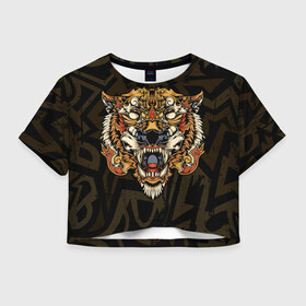 Женская футболка Crop-top 3D с принтом Тигровый стимпанк (Tiger) в Ухте, 100% полиэстер | круглая горловина, длина футболки до линии талии, рукава с отворотами | барс | волк | детёныш | джунгли | енот | животное | злость | зубр | клыки | кот | лев | леопард | лес | листья | львица | медведь | монстр | оскал | охотник | пасть | полосы | пятнистая | рык | рычание | тигр