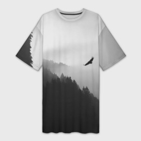 Платье-футболка 3D с принтом ОРЁЛ НАД ЛЕСОМ в Ухте,  |  | bird | dark | fog | forest | heaven | jh k | ktc | sky | texture | деревья | животные | лес | небо | орел | природа | птица | птицы | текстуры | тёмный лес | туман