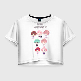 Женская футболка Crop-top 3D с принтом BTS Love Yourself в Ухте, 100% полиэстер | круглая горловина, длина футболки до линии талии, рукава с отворотами | bts | k pop | love | love yourself | битиес