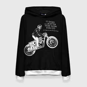 Женская толстовка 3D с принтом Байкер в Ухте, 100% полиэстер  | двухслойный капюшон со шнурком для регулировки, мягкие манжеты на рукавах и по низу толстовки, спереди карман-кенгуру с мягким внутренним слоем. | байк | байкер | гонщик | мотоцикл | мужская | надпись | черно белая | черный