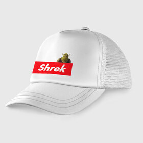 Детская кепка тракер с принтом Shrek в Ухте, Козырек - 100% хлопок. Кепка - 100% полиэстер, Задняя часть - сетка | универсальный размер, пластиковая застёжка | Тематика изображения на принте: shrek | shrek is life | мемы | огр кек | суприм | суприм лого | шрек