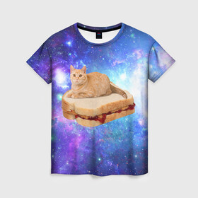 Женская футболка 3D с принтом Кот в космосе в Ухте, 100% полиэфир ( синтетическое хлопкоподобное полотно) | прямой крой, круглый вырез горловины, длина до линии бедер | cat | cats | space | бутерброд | грозовой кошак | джем | киса | киска | космос | кошак | кошка