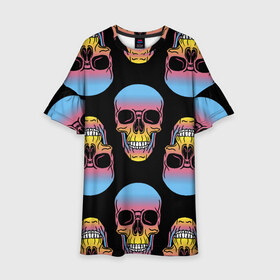 Детское платье 3D с принтом Neon skull в Ухте, 100% полиэстер | прямой силуэт, чуть расширенный к низу. Круглая горловина, на рукавах — воланы | color | grin | jaw | neon | skull | teeth | неон | оскал | пасть | цвет | череп