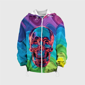 Детская куртка 3D с принтом Color skull в Ухте, 100% полиэстер | застежка — молния, подол и капюшон оформлены резинкой с фиксаторами, по бокам — два кармана без застежек, один потайной карман на груди, плотность верхнего слоя — 90 г/м2; плотность флисового подклада — 260 г/м2 | Тематика изображения на принте: color | jaw | neon | skull | teeth | vanguard | авангард | зубы | неон | пасть | цвет | череп