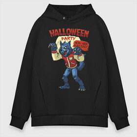 Мужское худи Oversize хлопок с принтом Halloween party в Ухте, френч-терри — 70% хлопок, 30% полиэстер. Мягкий теплый начес внутри —100% хлопок | боковые карманы, эластичные манжеты и нижняя кромка, капюшон на магнитной кнопке | claws | ears | fangs | grin | halloween | jaw | paws | tail | wolf | волк | клыки | когти | лапы | уши | хвост | хэллоуин