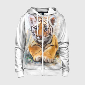 Детская толстовка 3D на молнии с принтом Tiger Art в Ухте, 100% полиэстер |  манжеты и пояс оформлены широкой мягкой резинкой, двухслойный капюшон со шнурком для регулировки, спереди карманы и застежка-молния
 | Тематика изображения на принте: art | blue | dinamic picture | lion | tiger | white | арт | животные | картинка | лев | рисунок | тигр
