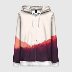 Женская толстовка 3D на молнии с принтом Пейзаж №1 в Ухте, 100% полиэстер | длина до линии бедра, манжеты и пояс оформлены мягкой тканевой резинкой, двухслойный капюшон со шнурком для регулировки, спереди молния, по бокам два кармана | гора | горы | дерево | деревья | елка | елки | клин | лес | облака | облако | пейзаж | природа | птица | птицы | сосна | сосны