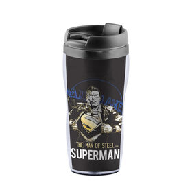 Термокружка-непроливайка с принтом Supermen в Ухте, внутренняя часть — пищевой пластик, наружная часть — прозрачный пластик, между ними — полиграфическая вставка с рисунком | объем — 350 мл, герметичная крышка | Тематика изображения на принте: man | steel | superman | vdzajul | супермен | супермэн