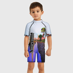 Детский купальный костюм 3D с принтом MINECRAFT в Ухте, Полиэстер 85%, Спандекс 15% | застежка на молнии на спине | craft | creeper | dungeon | dungeons | earth | game | logo | mine | minecraft | minecraft dungeons | mobile | online | дунгеонс | земля | зомби | игра | крипер | лого | майкрафт | майнкрафт | онлайн | подземелье