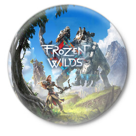 Значок с принтом Horizon Zero Dawn в Ухте,  металл | круглая форма, металлическая застежка в виде булавки | aloy | antasy girl | art | artwork | digital art | fantasy | horizon | horizon: zero dawn | landscape | tallneck | warrior fantasy | weapon | zero dawn
