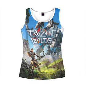 Женская майка 3D с принтом Horizon Zero Dawn в Ухте, 100% полиэстер | круглая горловина, прямой силуэт, длина до линии бедра | aloy | antasy girl | art | artwork | digital art | fantasy | horizon | horizon: zero dawn | landscape | tallneck | warrior fantasy | weapon | zero dawn