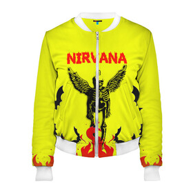 Женский бомбер 3D с принтом NIRVANA в Ухте, 100% полиэстер | застегивается на молнию, по бокам два кармана без застежек, мягкие манжеты, по низу бомбера и на воротнике — эластичная резинка | nirvana | smile | ангел | курт кобейн | нирвана | скелет | смайл | телечия мышы