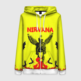 Женская толстовка 3D на молнии с принтом NIRVANA в Ухте, 100% полиэстер | длина до линии бедра, манжеты и пояс оформлены мягкой тканевой резинкой, двухслойный капюшон со шнурком для регулировки, спереди молния, по бокам два кармана | nirvana | smile | ангел | курт кобейн | нирвана | скелет | смайл | телечия мышы
