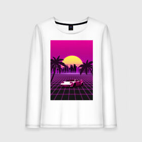 Женский лонгслив хлопок с принтом Ретро Закат в Ухте, 100% хлопок |  | закат | неон | пальмы | ретровейв | спорткар