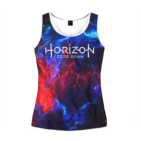 Женская майка 3D с принтом Horizon Zero Dawn в Ухте, 100% полиэстер | круглая горловина, прямой силуэт, длина до линии бедра | aloy | antasy girl | art | artwork | digital art | fantasy | horizon | horizon: zero dawn | landscape | tallneck | warrior fantasy | weapon | zero dawn