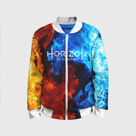Детский бомбер 3D с принтом Horizon Zero Dawn FIRE в Ухте, 100% полиэстер | застегивается на молнию, по бокам два кармана без застежек, мягкие манжеты, по низу бомбера и на воротнике — эластичная резинка | Тематика изображения на принте: aloy | antasy girl | art | artwork | digital art | fantasy | horizon | horizon: zero dawn | landscape | tallneck | warrior fantasy | weapon | zero dawn