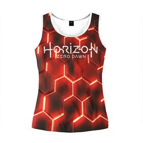 Женская майка 3D с принтом Horizon Zero Dawn в Ухте, 100% полиэстер | круглая горловина, прямой силуэт, длина до линии бедра | aloy | antasy girl | art | artwork | digital art | fantasy | horizon | horizon: zero dawn | landscape | tallneck | warrior fantasy | weapon | zero dawn