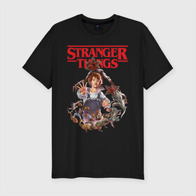 Мужская футболка хлопок Slim с принтом Stranger Things в Ухте, 92% хлопок, 8% лайкра | приталенный силуэт, круглый вырез ворота, длина до линии бедра, короткий рукав | 11 | demogorgon | dustin | eleven | jim hopper | lucas | mike | nancy | netflix | steve | will | билли | дастин | демогоргон | джойс | джонатан | дина | загадочные события | лукас | майк | макс | нетфликс | нэнси | оди | одиннадцать