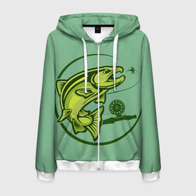 Мужская толстовка 3D на молнии с принтом Large fish в Ухте, 100% полиэстер | длина до линии бедра, манжеты и пояс оформлены мягкой тканевой резинкой, двухслойный капюшон со шнурком для регулировки, спереди молния, по бокам два кармана | Тематика изображения на принте: океан | рыбалка | рыбы | спининг