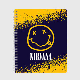 Тетрадь с принтом NIRVANA НИРВАНА в Ухте, 100% бумага | 48 листов, плотность листов — 60 г/м2, плотность картонной обложки — 250 г/м2. Листы скреплены сбоку удобной пружинной спиралью. Уголки страниц и обложки скругленные. Цвет линий — светло-серый
 | band | cobain | face | kurt | logo | music | nirvana | rock | rocknroll | группа | кобейн | курт | лого | логотип | музыка | музыкальная | нирвана | рожица | рок | рокнролл | символ