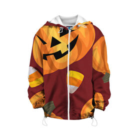 Детская куртка 3D Сладкие хэллоуин: в Ухте, 100% полиэстер | застежка — молния, подол и капюшон оформлены резинкой с фиксаторами, по бокам — два кармана без застежек, один потайной карман на груди, плотность верхнего слоя — 90 г/м2; плотность флисового подклада — 260 г/м2 | арт | бардовый | красный | оранжевый | рисунок | сладости | сладость | тыква | тыквы