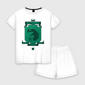 Женская пижама с шортиками хлопок с принтом Slytherin в Ухте, 100% хлопок | футболка прямого кроя, шорты свободные с широкой мягкой резинкой | harry potter | slytherin | vdzabma | гарри поттер | слизерин