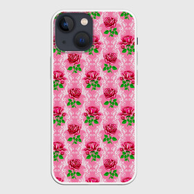 Чехол для iPhone 13 mini с принтом Декор из нежных роз в Ухте,  |  | fashion | flower pattern | girl | pink | roses | винтаж | винтажные | девушкам | зелень | лепестки | лето | листья | марта | нежные | пастельные | паттерн | пионы | подарок | природа | растения | ретро | роза | розы | узор