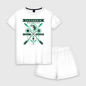 Женская пижама с шортиками хлопок с принтом Slytherin Quidditch в Ухте, 100% хлопок | футболка прямого кроя, шорты свободные с широкой мягкой резинкой | harry potter | quidditch | slytherin | vdzabma | гарри поттер | квиддич | слизерин