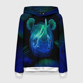 Женская толстовка 3D с принтом Носорог в Ухте, 100% полиэстер  | двухслойный капюшон со шнурком для регулировки, мягкие манжеты на рукавах и по низу толстовки, спереди карман-кенгуру с мягким внутренним слоем. | horn nose | rhinoceros | двурогий | неон | носорог | носорожка | рогатый