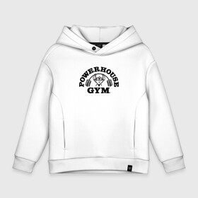 Детское худи Oversize хлопок с принтом GYM в Ухте, френч-терри — 70% хлопок, 30% полиэстер. Мягкий теплый начес внутри —100% хлопок | боковые карманы, эластичные манжеты и нижняя кромка, капюшон на магнитной кнопке | Тематика изображения на принте: гантели | зож | спорт | штанга