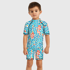 Детский купальный костюм 3D с принтом Ветки и ягоды в Ухте, Полиэстер 85%, Спандекс 15% | застежка на молнии на спине | ботаника | ветки | листья | простой | узор | ягоды