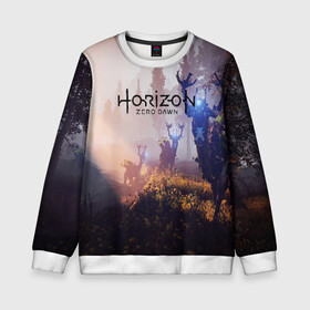 Детский свитшот 3D с принтом Horizon Zero Dawn в Ухте, 100% полиэстер | свободная посадка, прямой крой, мягкая тканевая резинка на рукавах и понизу свитшота | aloy | antasy girl | art | artwork | digital art | fantasy | horizon | horizon: zero dawn | landscape | tallneck | warrior fantasy | weapon | zero dawn