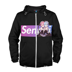 Мужская ветровка 3D с принтом Re:Zero в Ухте, 100% полиэстер | подол и капюшон оформлены резинкой с фиксаторами, два кармана без застежек по бокам, один потайной карман на груди | anime | glitch | japan | ram | re | rem | rezero | senpai | subaru | waifu | zero | анимация | аниме | вайфу | глитч | глич | мультсериал | мультфильм | семпай | сенпай | сериал | япония