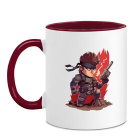 Кружка двухцветная с принтом Solid Snake в Ухте, керамика | объем — 330 мл, диаметр — 80 мм. Цветная ручка и кайма сверху, в некоторых цветах — вся внутренняя часть | art | character | gam | man | metal gear solid | soldier | solid snake | weapon | арт | игра | оружие | персонаж | солдат | солид снейк | человек