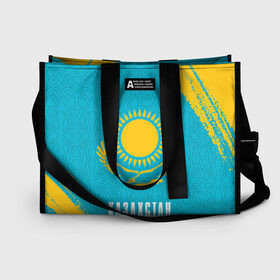 Сумка-шоппер 3D с принтом КАЗАХСТАН / KAZAKHSTAN в Ухте, 100% полиэстер | застегивается на металлическую кнопку; внутренний карман застегивается на молнию. Стенки укреплены специальным мягким материалом, чтобы защитить содержимое от несильных ударов
 | flag | kazakhstan | qazaqstan | герб | захах | казахстан | кахахи | лого | нур султан | республика | символ | страна | флаг