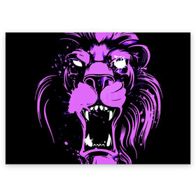 Поздравительная открытка с принтом Pink lion в Ухте, 100% бумага | плотность бумаги 280 г/м2, матовая, на обратной стороне линовка и место для марки
 | ears | eyes | fangs | jaw | lion | mane | muzzle | neon | pink | глаза | грива | клыки | лев | неон | пасть | розовый | уши