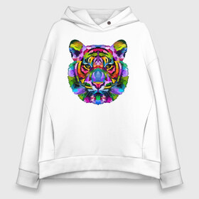 Женское худи Oversize хлопок с принтом Color tiger в Ухте, френч-терри — 70% хлопок, 30% полиэстер. Мягкий теплый начес внутри —100% хлопок | боковые карманы, эластичные манжеты и нижняя кромка, капюшон на магнитной кнопке | color | ears | eyes | muzzle | neon | tiger | vanguard | view | авангард | взгляд | глаза | неон | тигр | уши | цвет